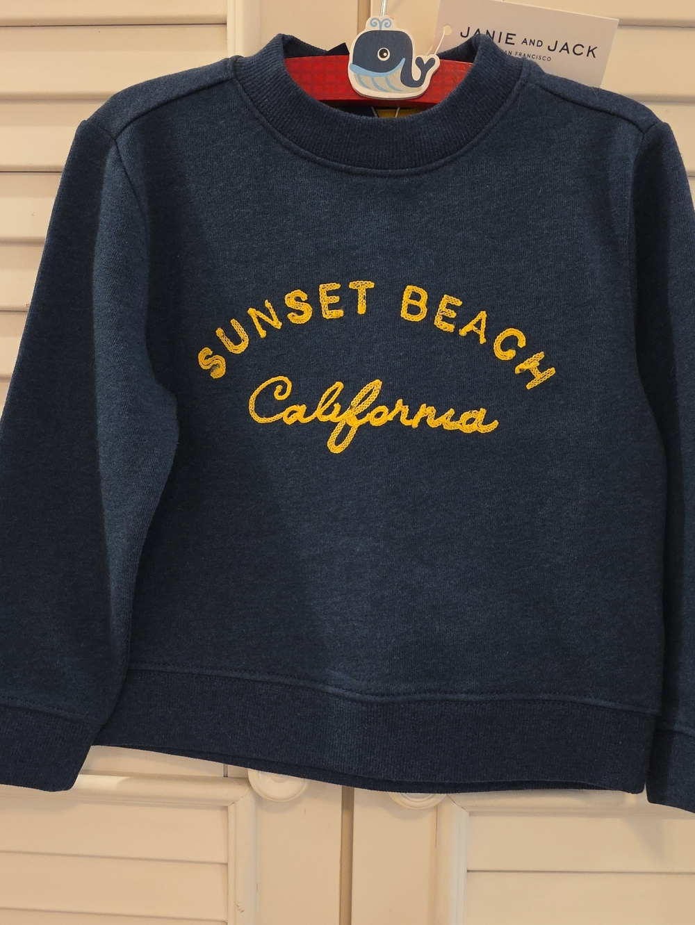 Janie and Jack Navy Crewneck Sweater with Yellow 'Sunset Beach' Embroidery